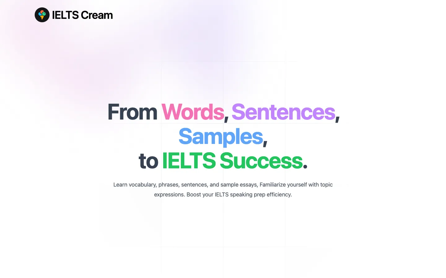 Screenshot of the Cream: IELTS Speaking Prep App homepage
