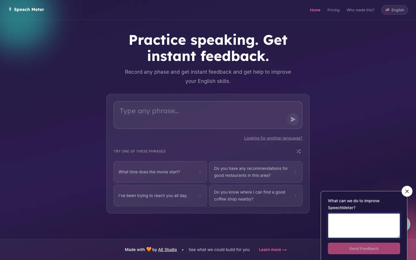 Screenshot of the Speech Meter homepage