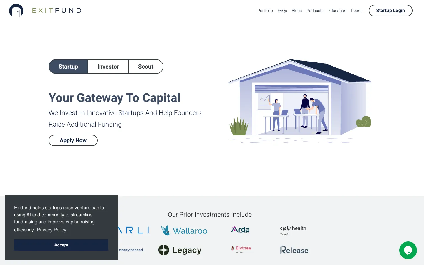 Screenshot of the Exitfund homepage