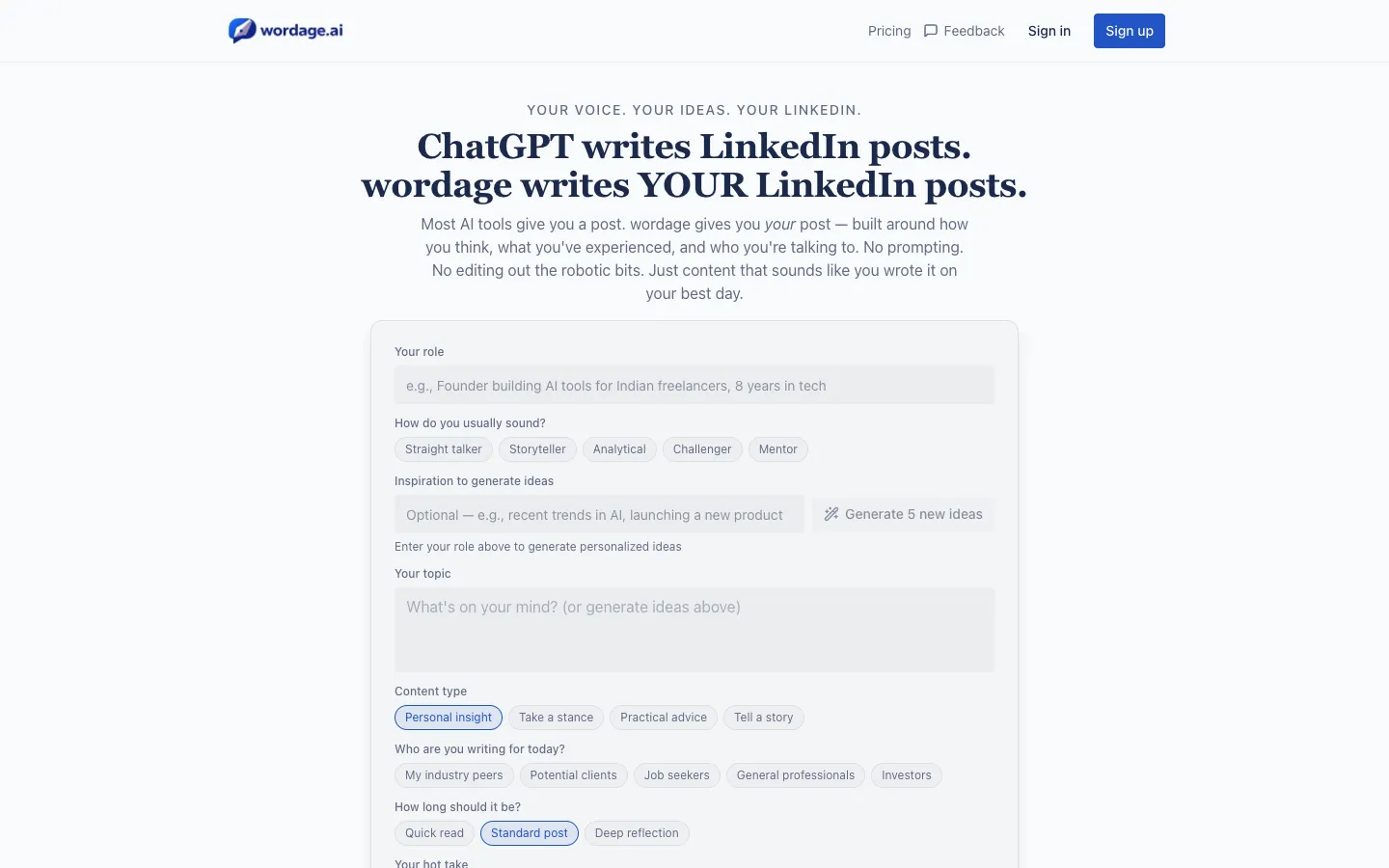 Screenshot of the Wordage AI homepage