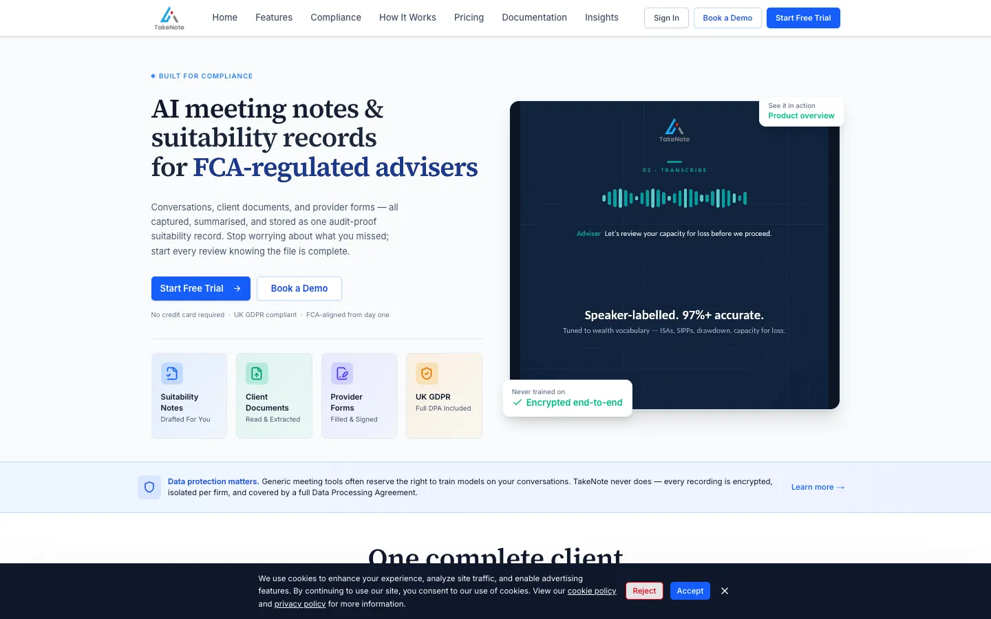 Screenshot of the TakeNote homepage