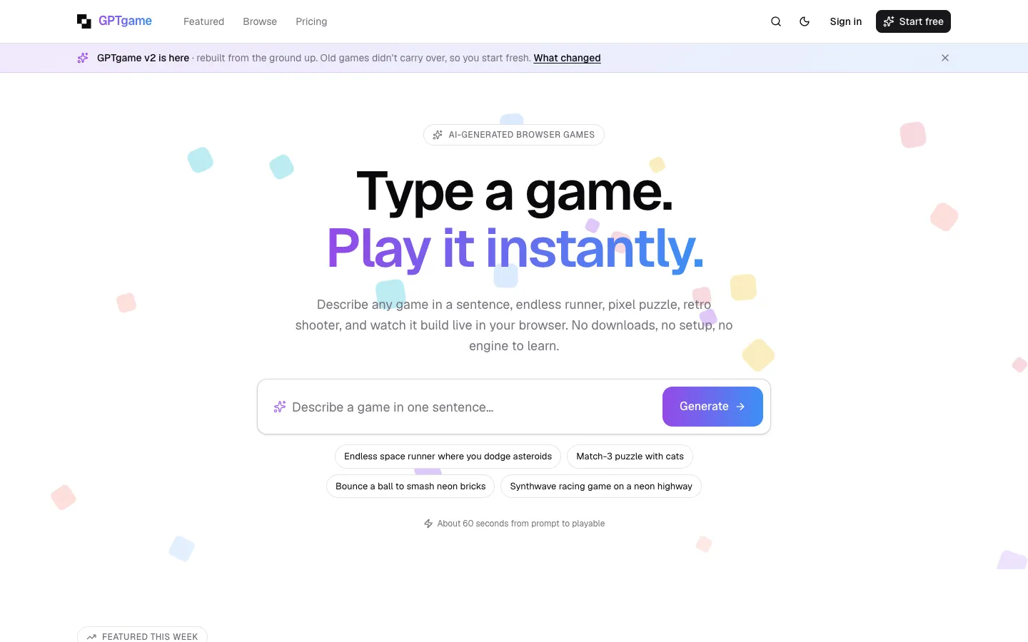 Screenshot of the GPTgame homepage