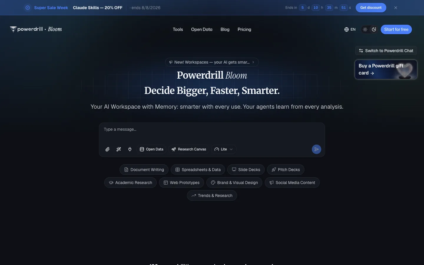 Screenshot of the Powerdrill homepage