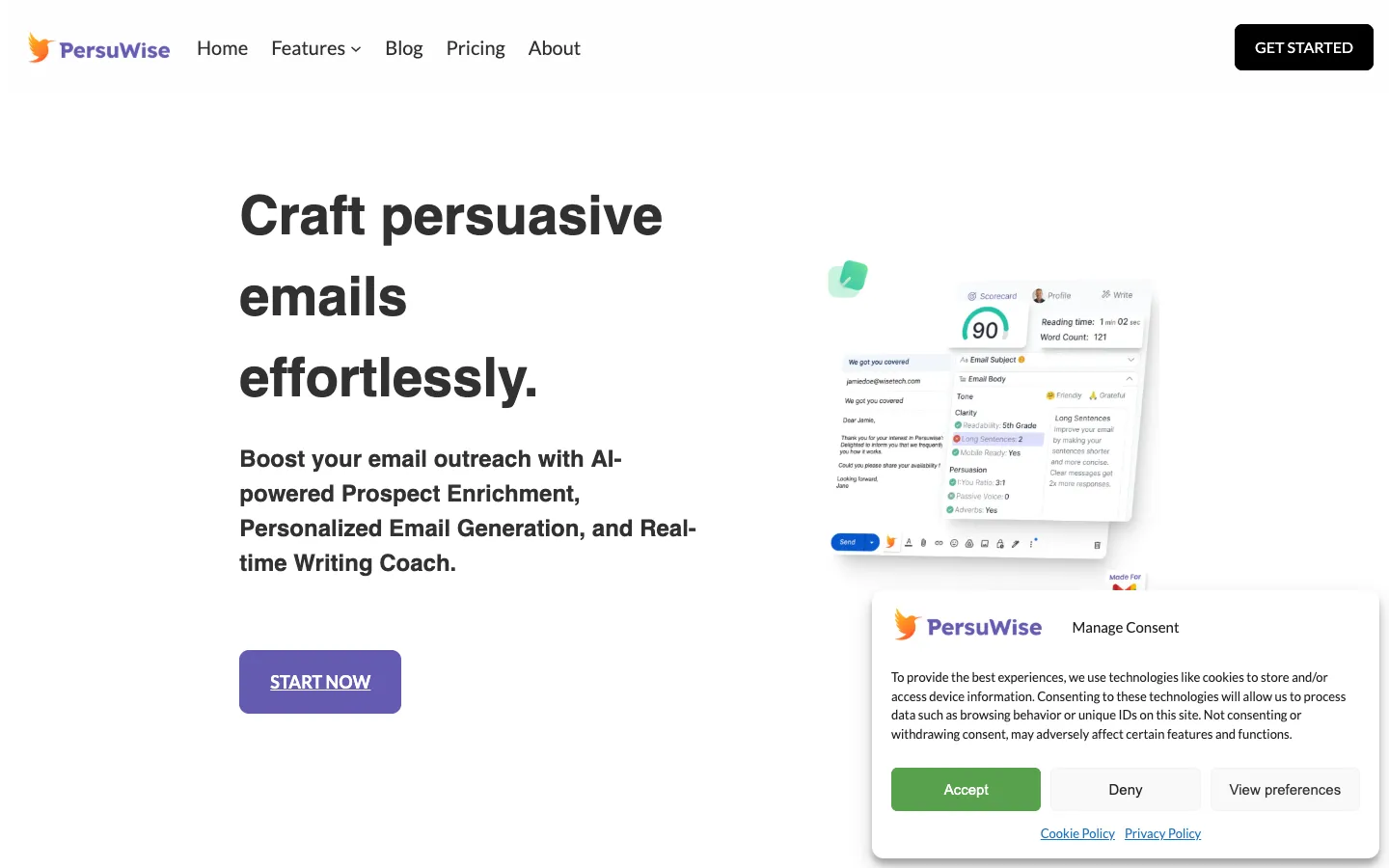 Screenshot of the Persuwise homepage