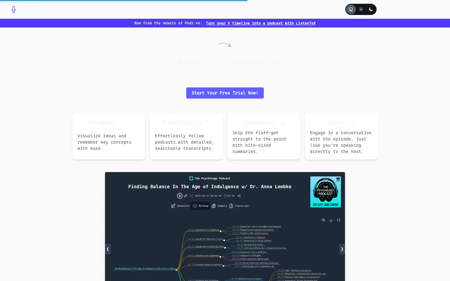 Screenshot of the Podsee homepage