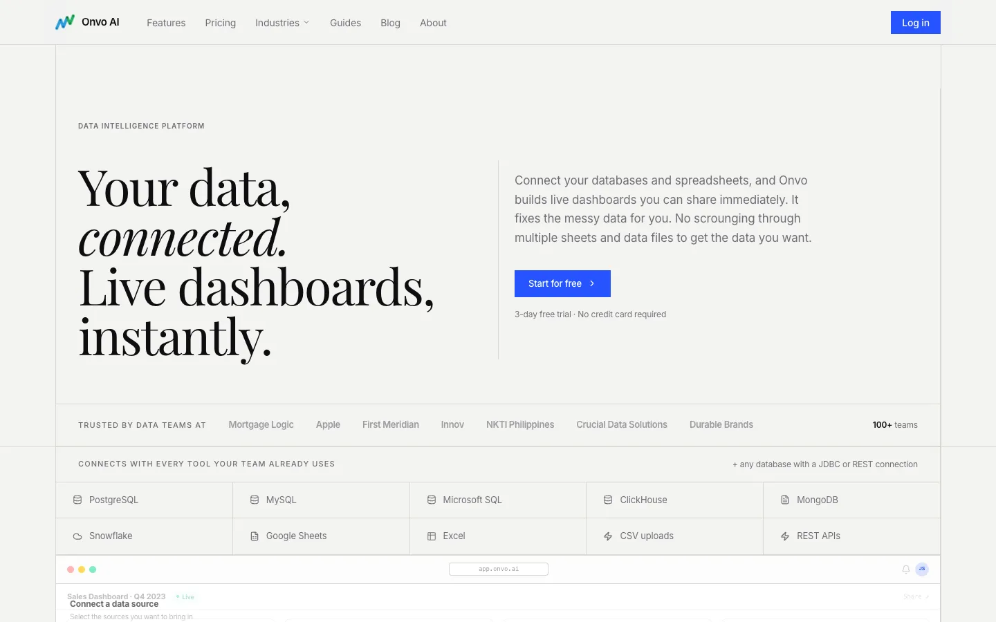 Screenshot of the Onvo AI homepage