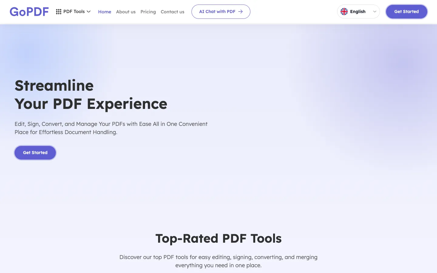 Screenshot of the GoPDF homepage