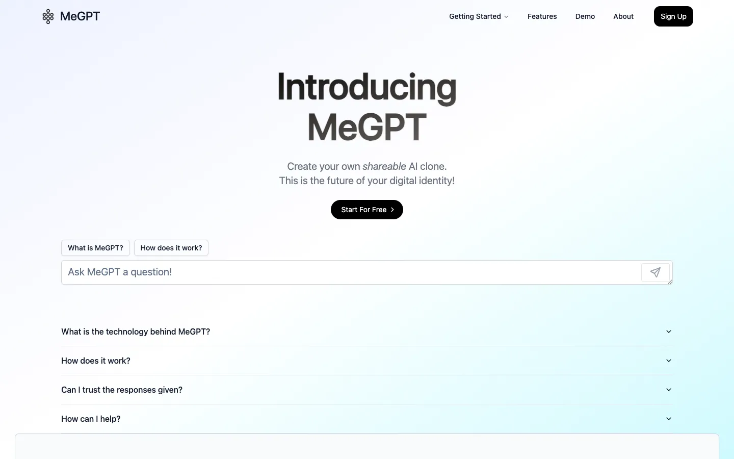 Screenshot of the MeGPT homepage