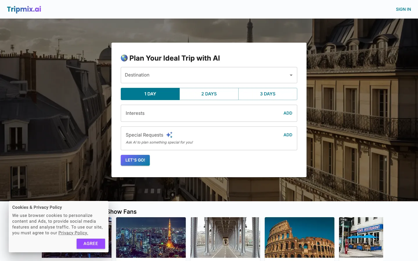 Screenshot of the Tripmix.ai homepage