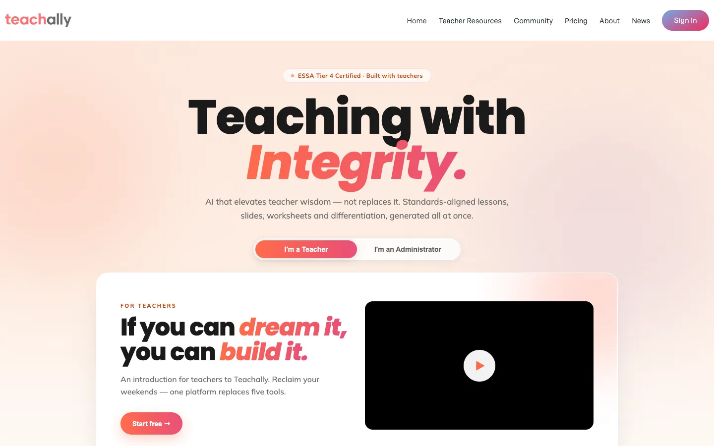 Screenshot of the Teachally homepage