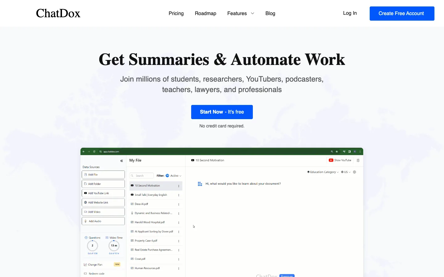 Screenshot of the ChatDox AI 2.0 homepage