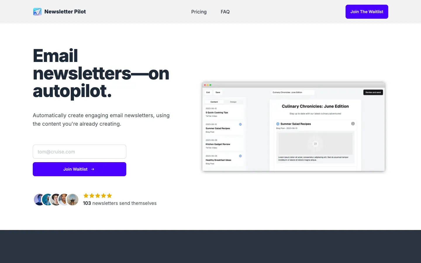 Screenshot of the Newsletter Pilot homepage