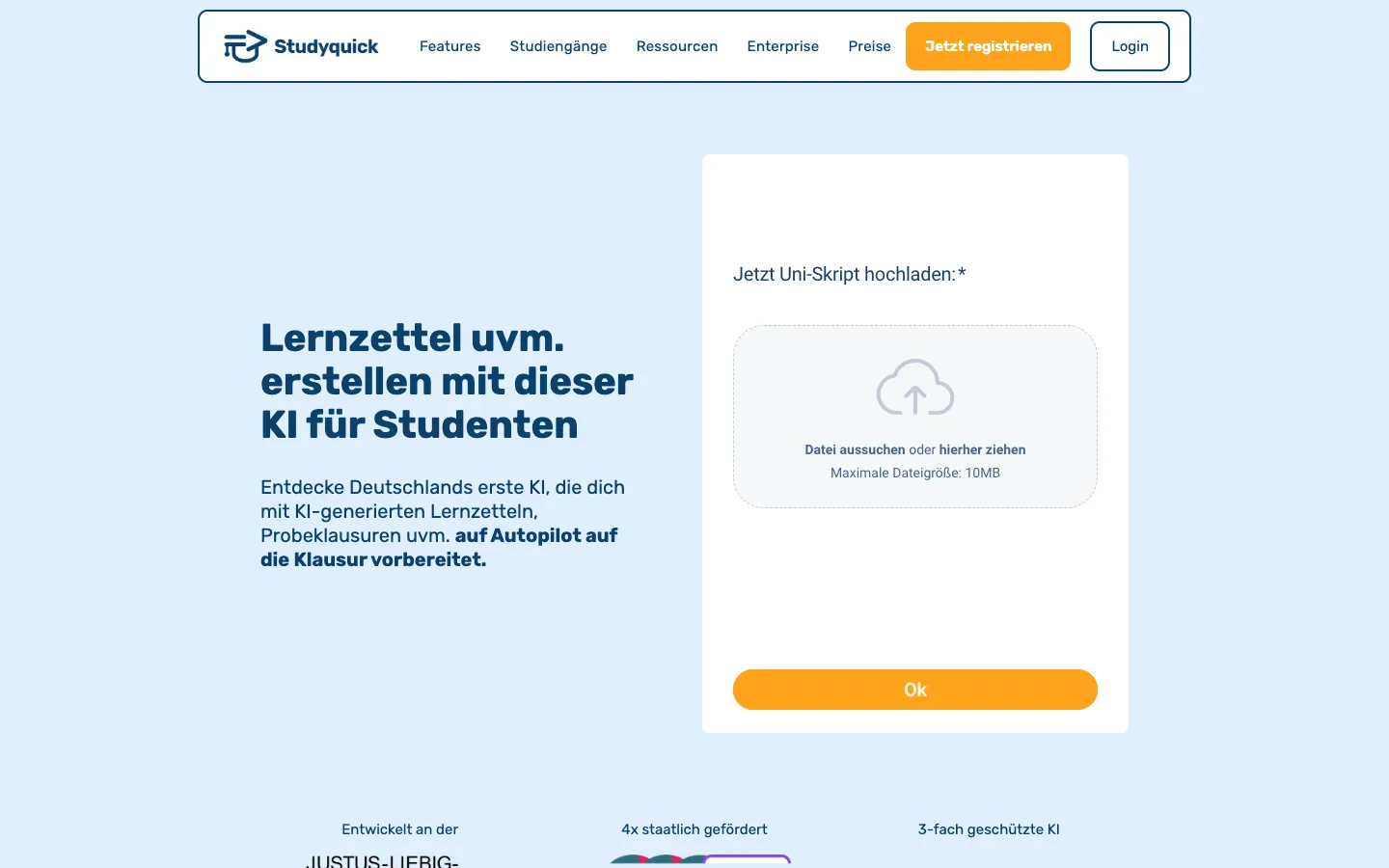 Screenshot of the Studyquick homepage
