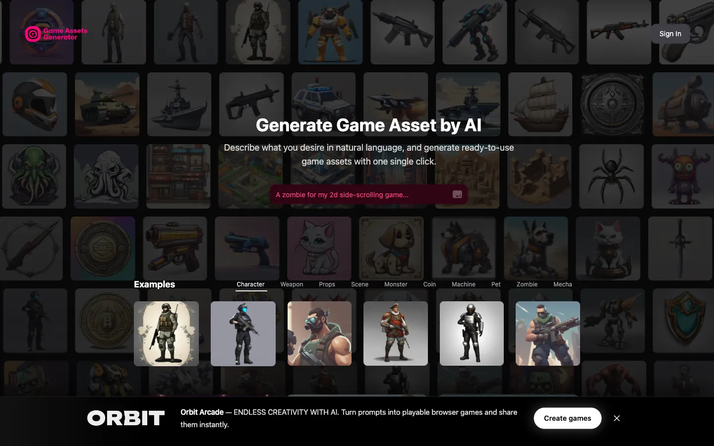 Screenshot of the Game Assets Generator homepage