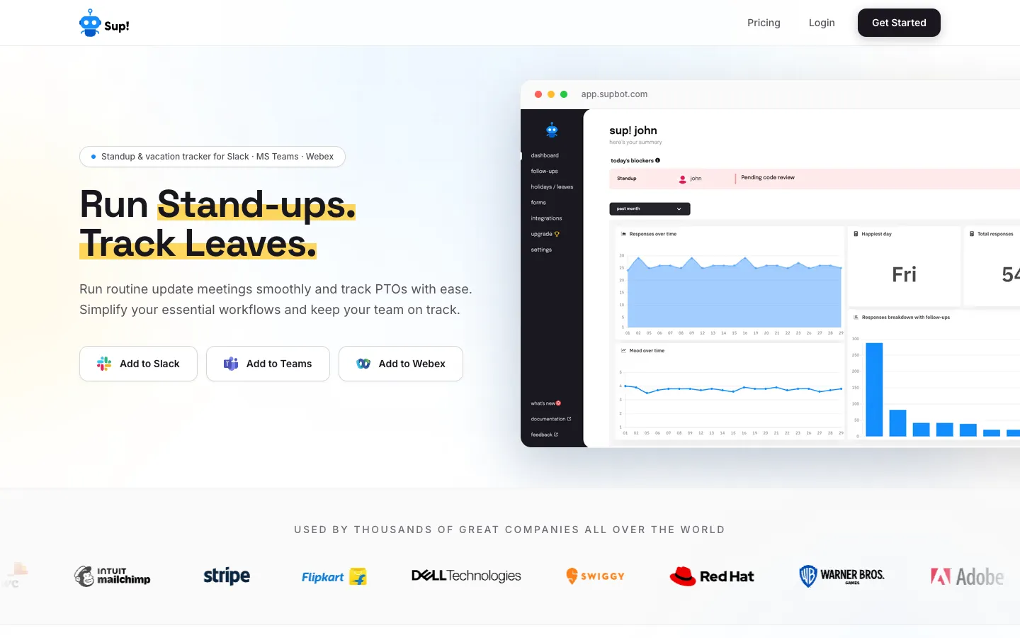 Screenshot of the Sup Standup Bot homepage
