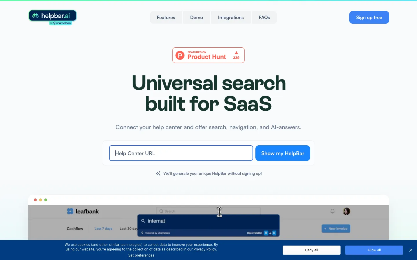 Screenshot of the HelpBar.ai homepage