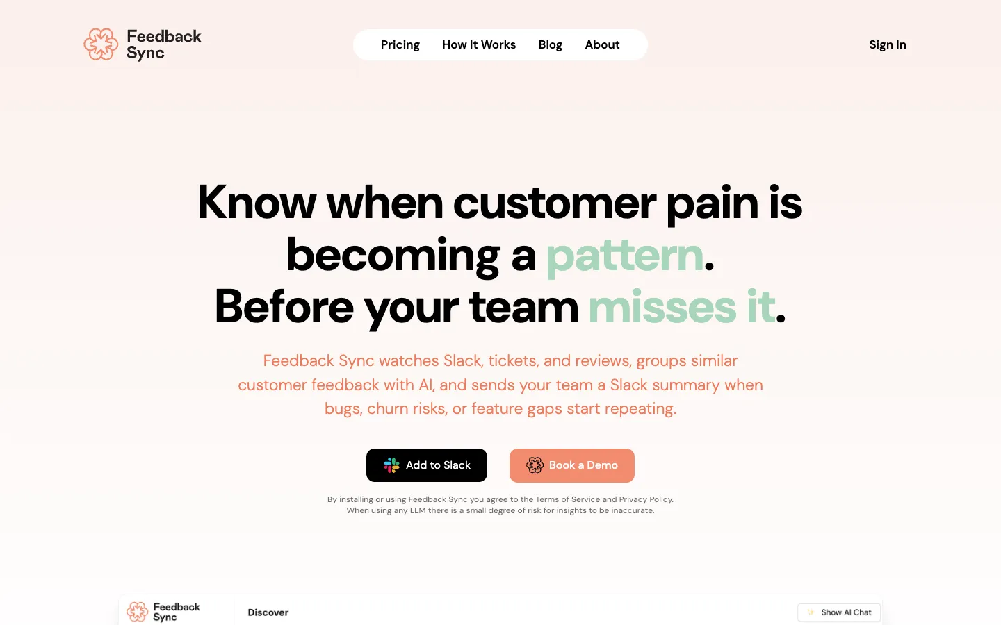 Screenshot of the Feedback Sync homepage