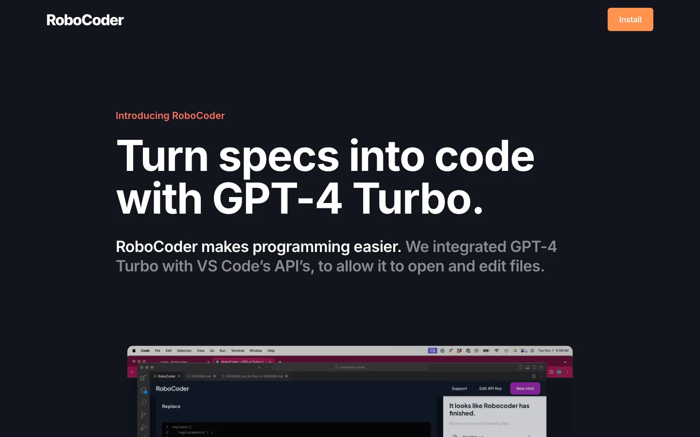 Screenshot of the RoboCoder homepage