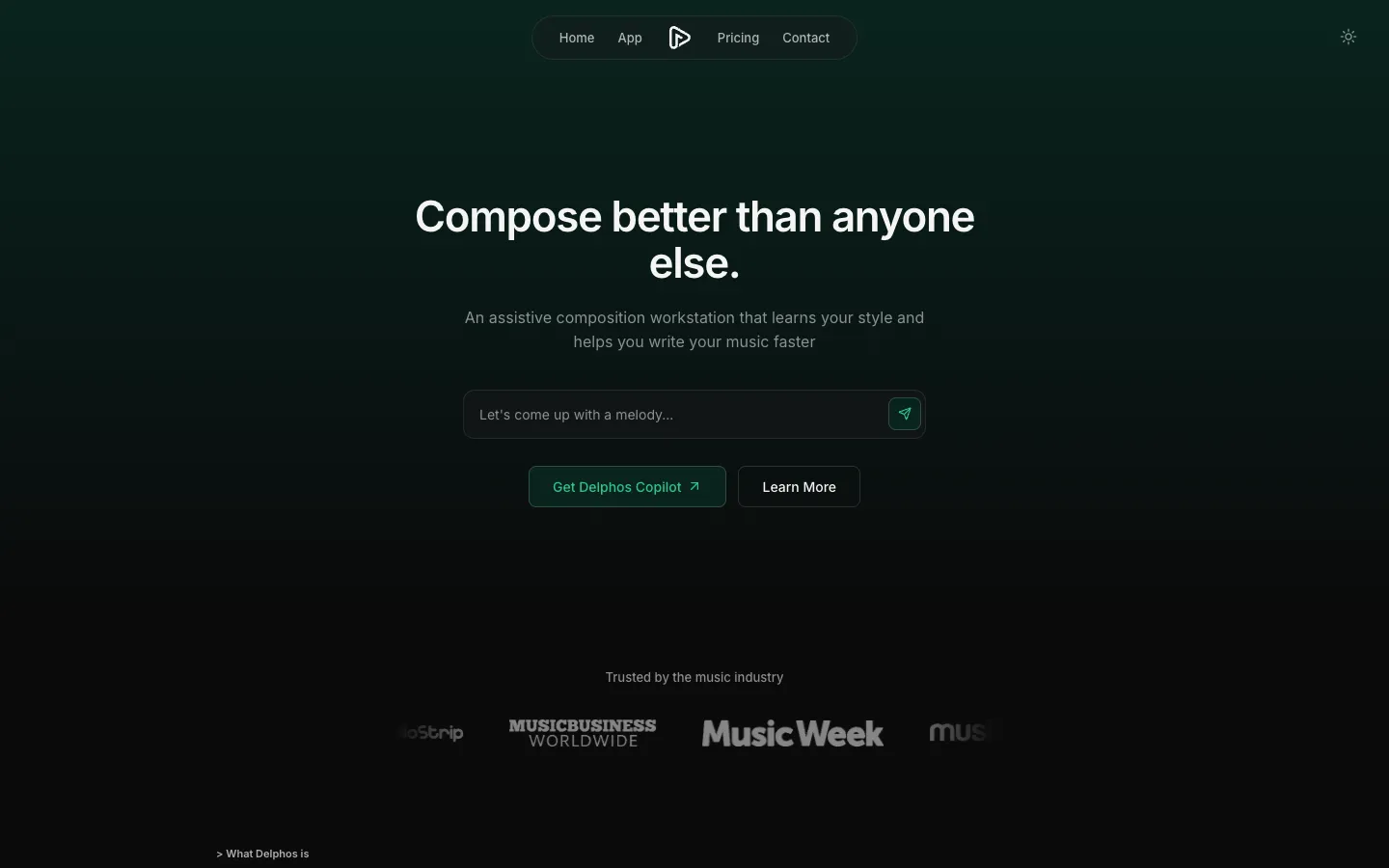 Screenshot of the Delphos | AI Music homepage