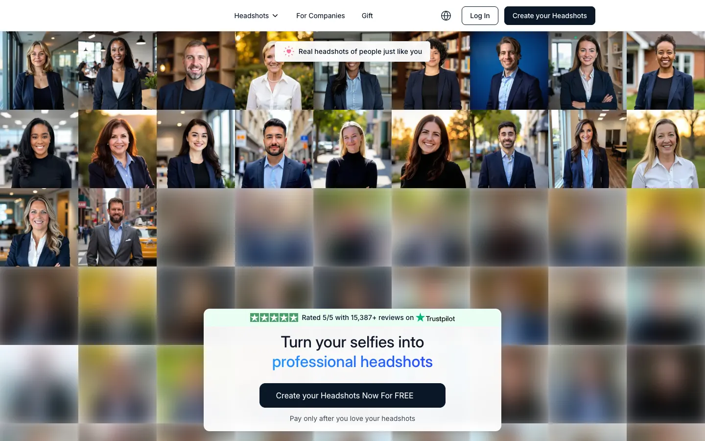Screenshot of the Instaheadshots - AI Headshots in a flash homepage