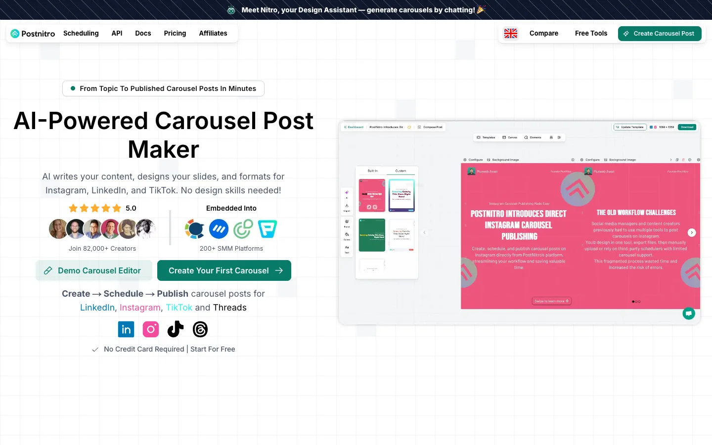 Screenshot of the PostNitro - AI Carousel Post Generator homepage