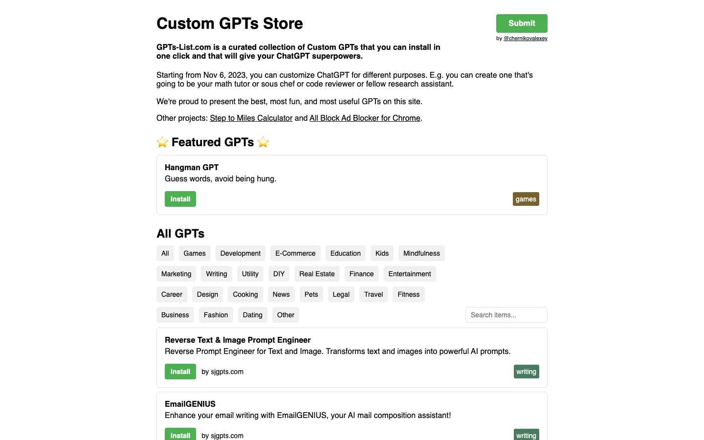 Screenshot of the Custom GPTs Store homepage