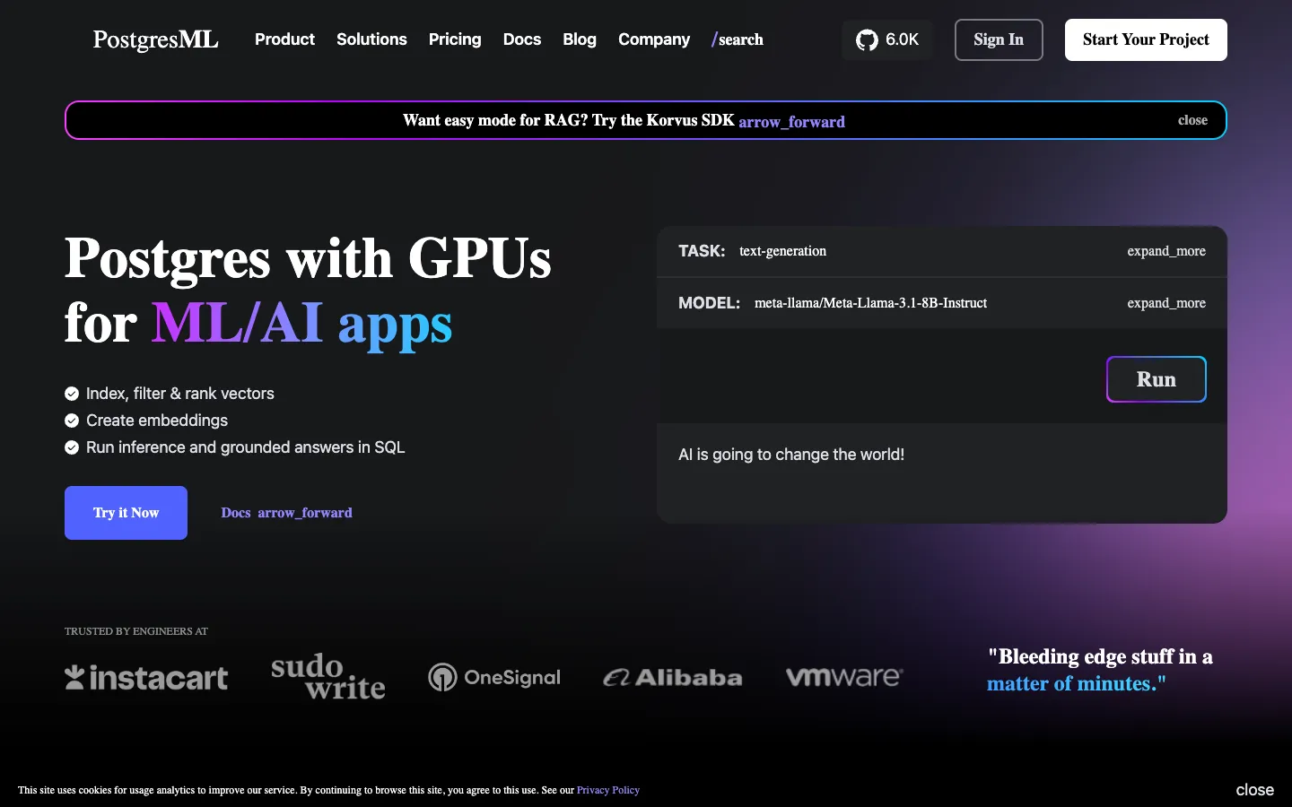 Screenshot of the PostgresML homepage
