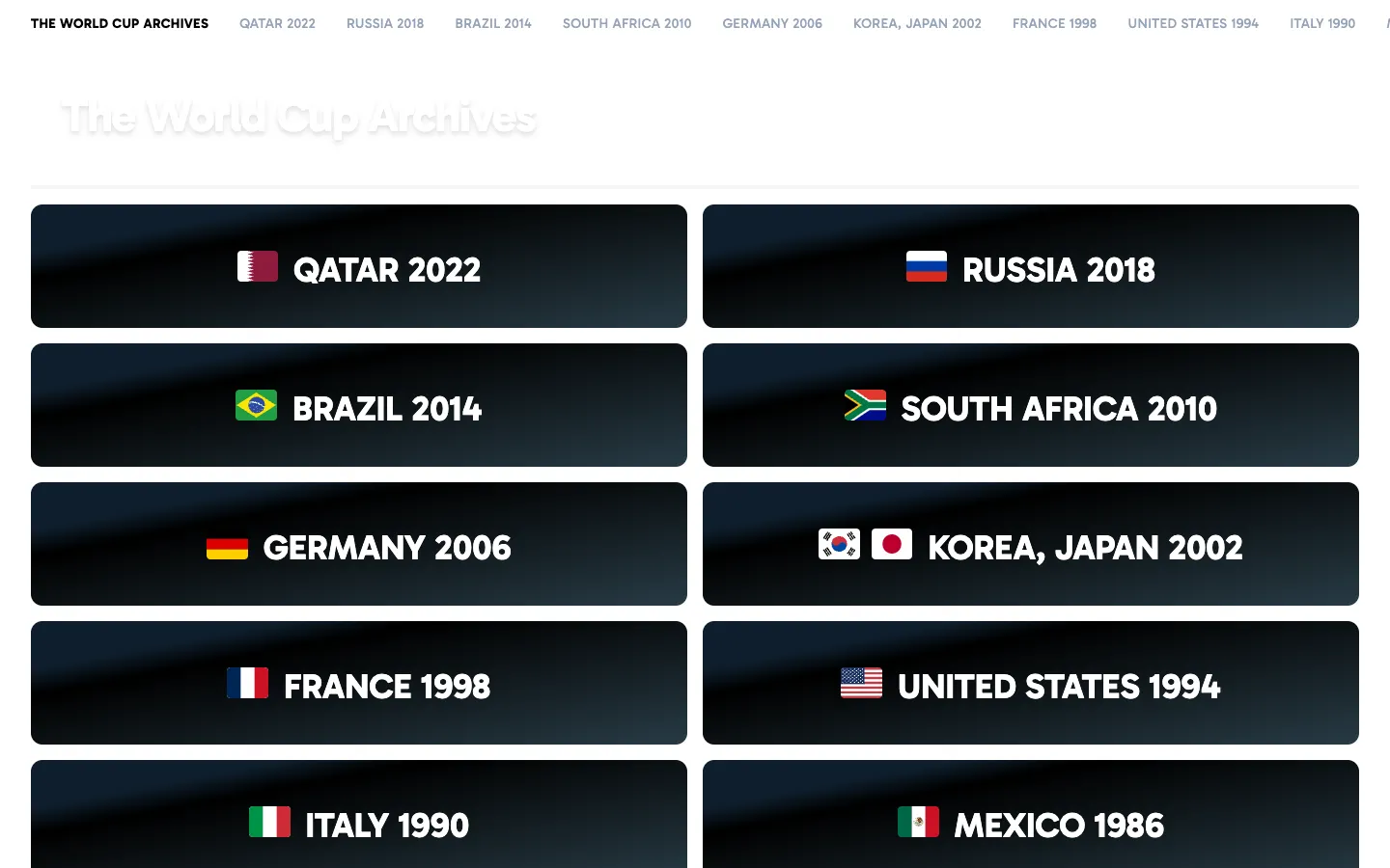 Screenshot of the The World Cup Archives homepage