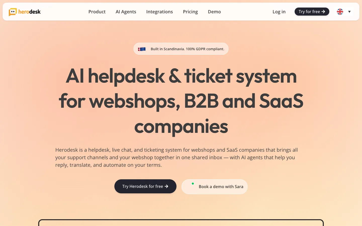 Screenshot of the Herodesk homepage