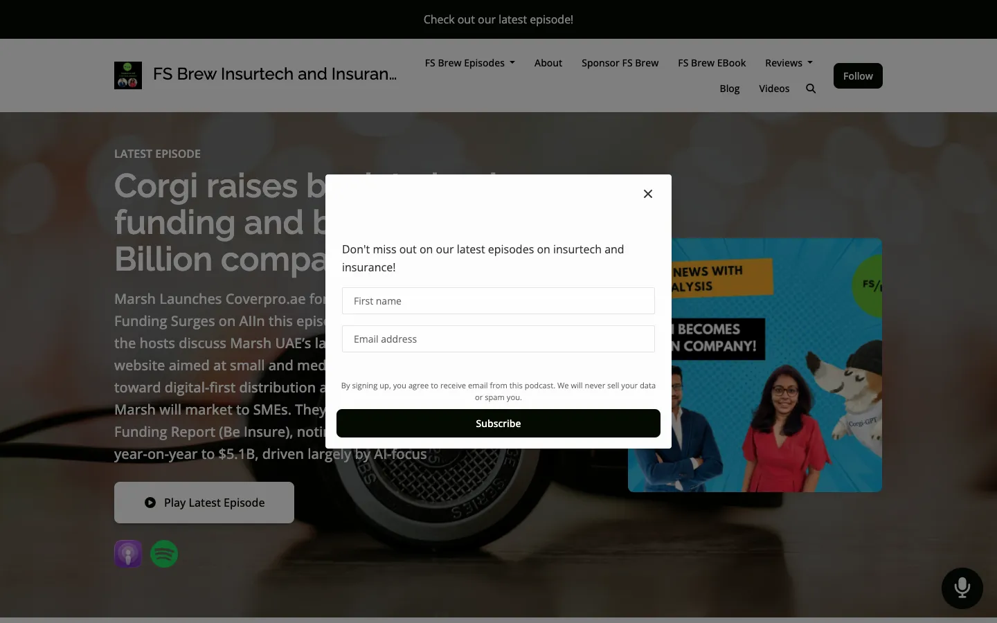 Screenshot of the FS Brew: Insurtech & Insurance podcast homepage