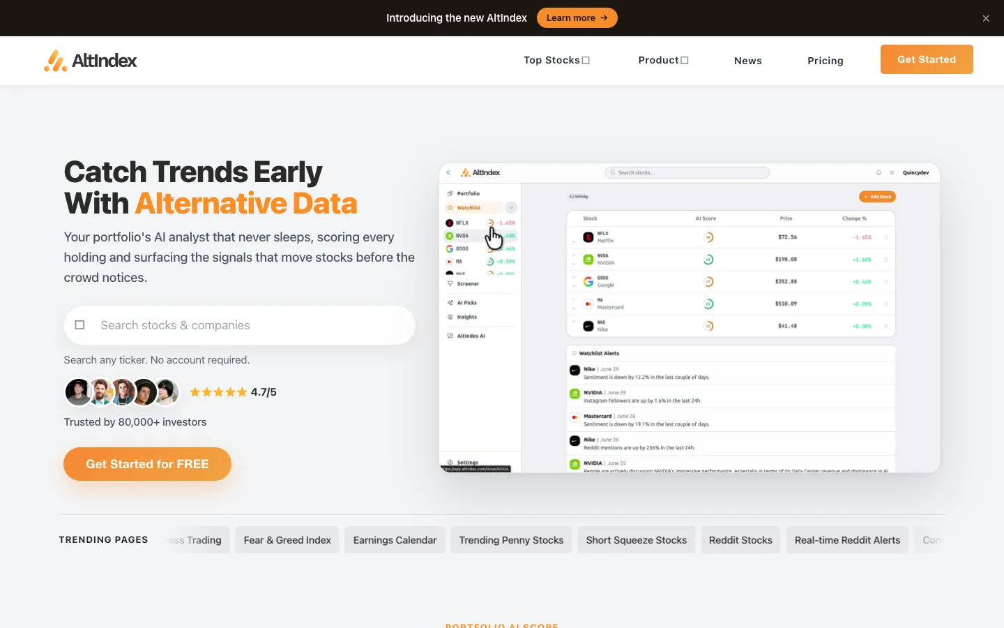 Screenshot of the Altindex homepage