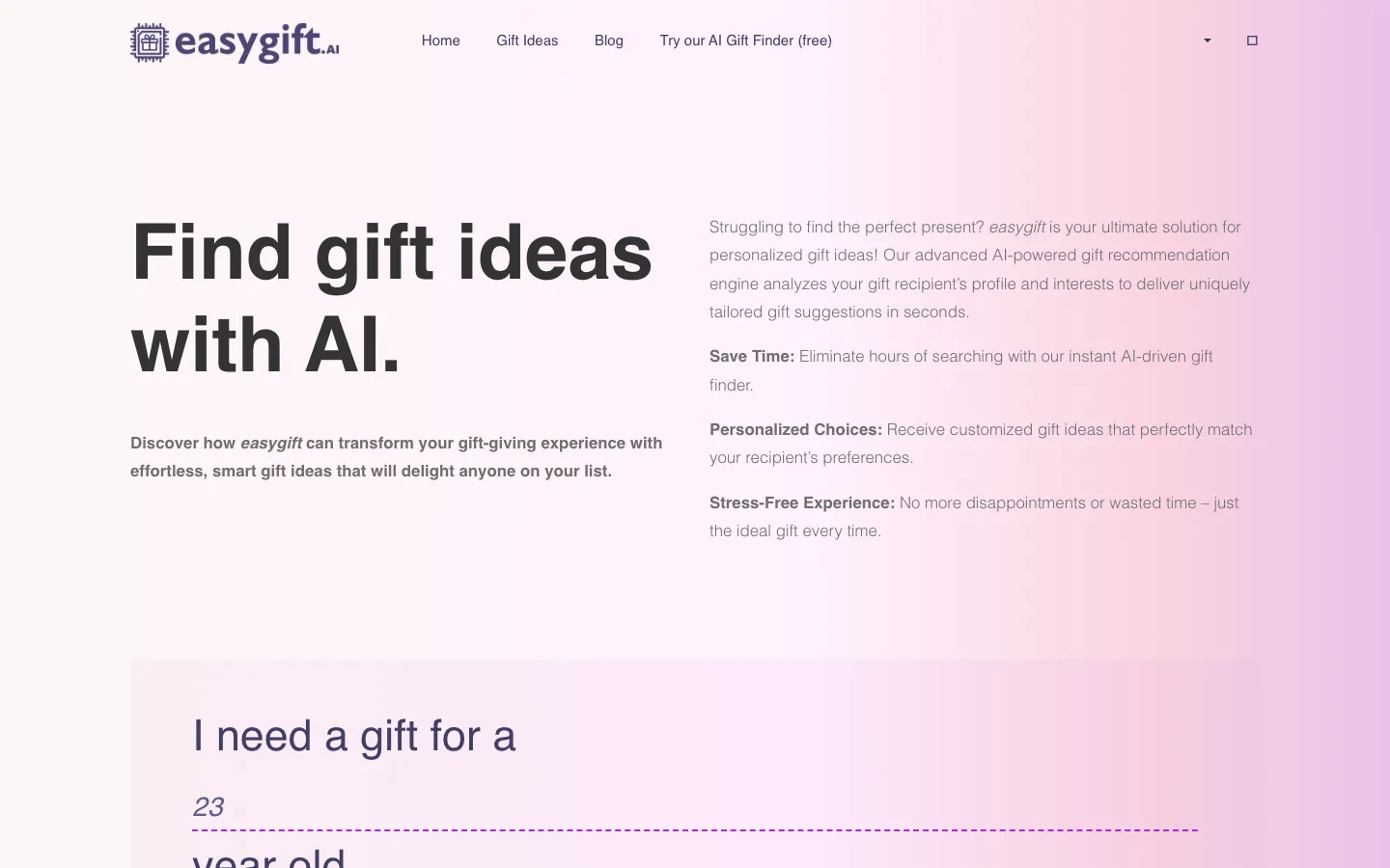 Screenshot of the EasyGift homepage