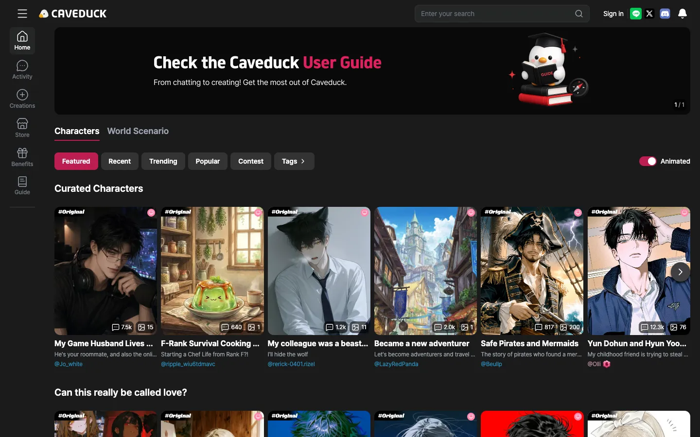 Screenshot of the CAVEDUCK homepage