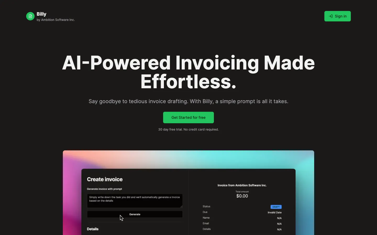Screenshot of the Billy: AI Invoicing Made Effortless. homepage