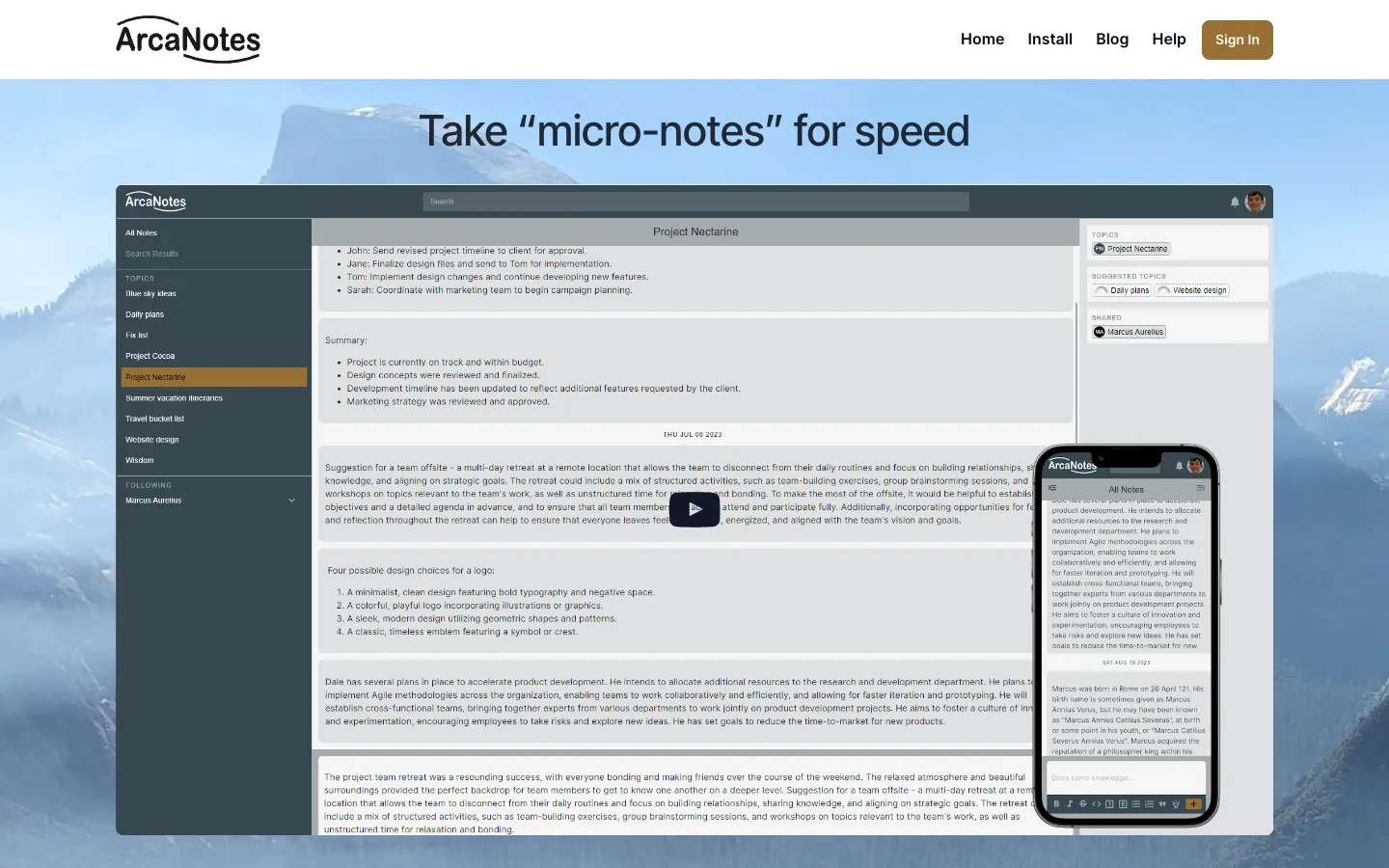 Screenshot of the ArcaNotes homepage
