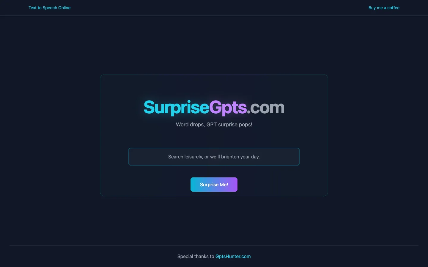Screenshot of the SupriseGpts homepage