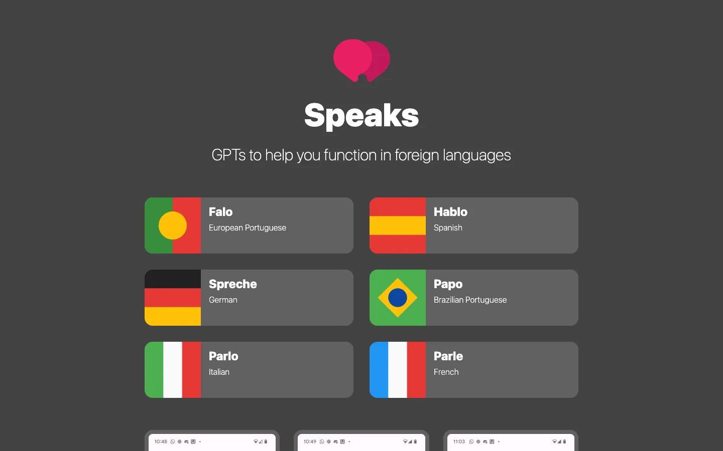 Screenshot of the Speaks homepage
