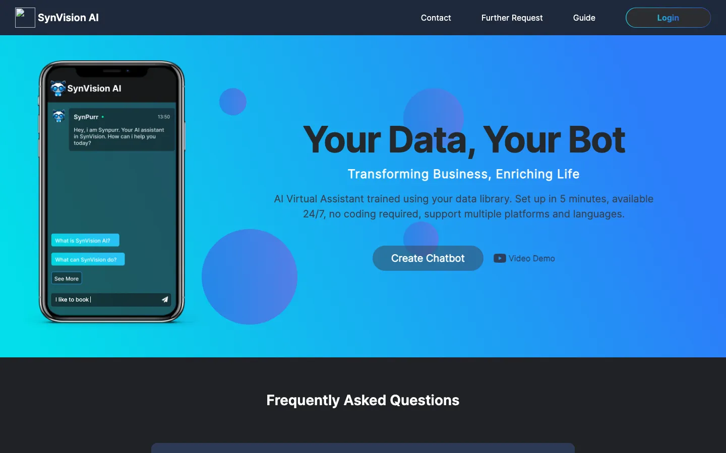 Screenshot of the SynVisionAI Chatbot homepage