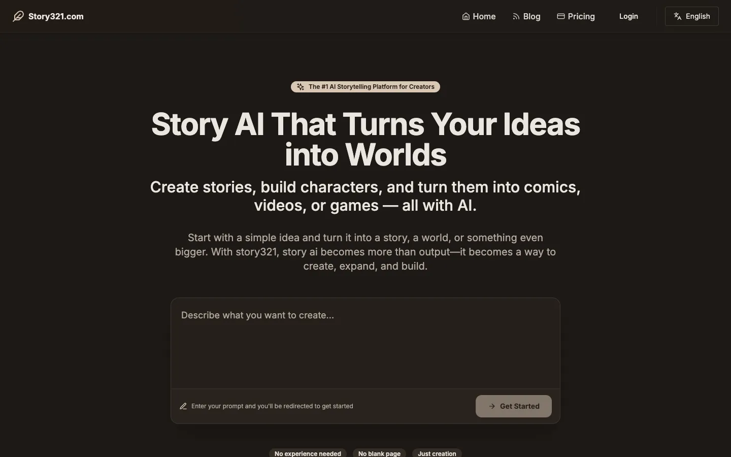 Screenshot of the Story321 AI story generator homepage