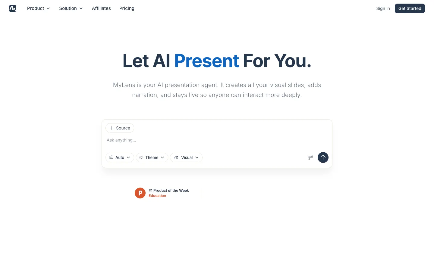 Screenshot of the MyLens.AI homepage