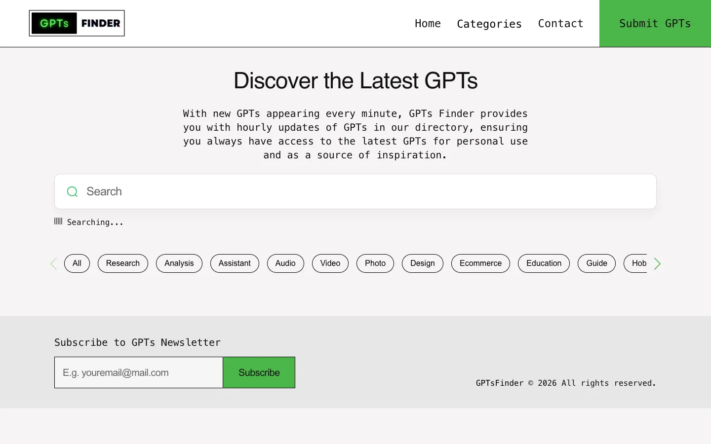 Screenshot of the GPTs Finder - Daily-Updated Directory homepage