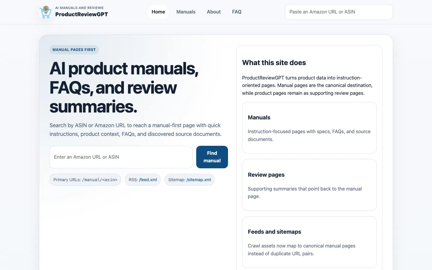 Screenshot of the AI Amazon Product Reviews / Manuals homepage