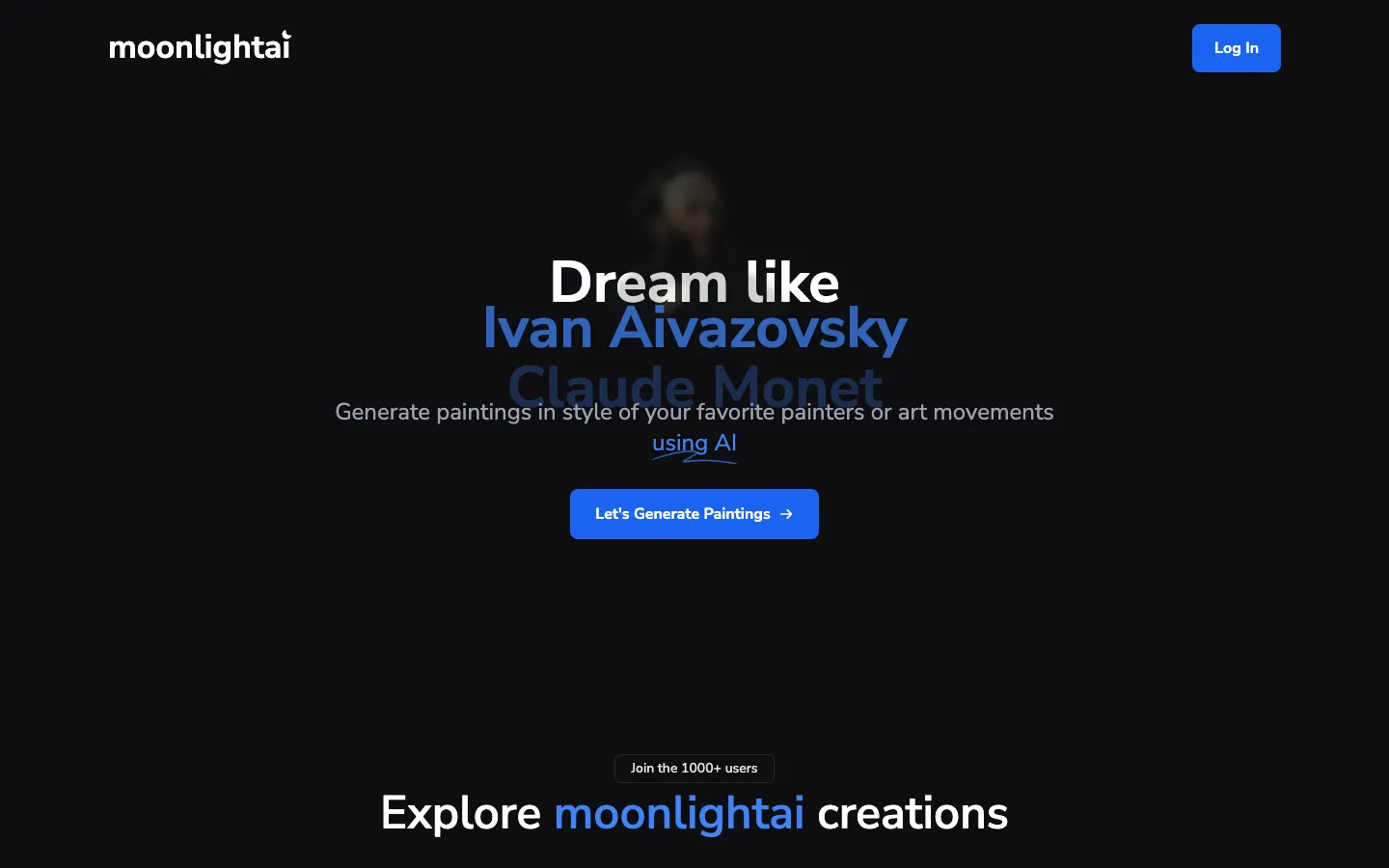 Screenshot of the moonlightai.art homepage