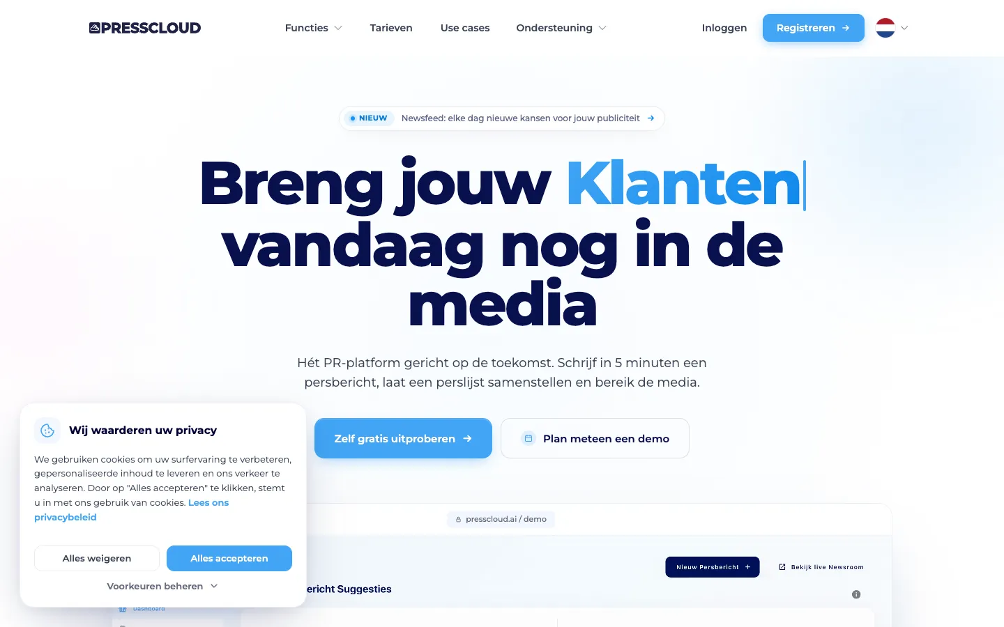 Screenshot of the Presscloud.ai homepage