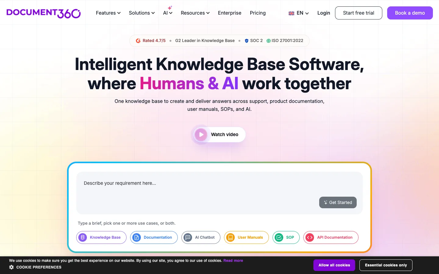 Screenshot of the Document360 2.0 homepage