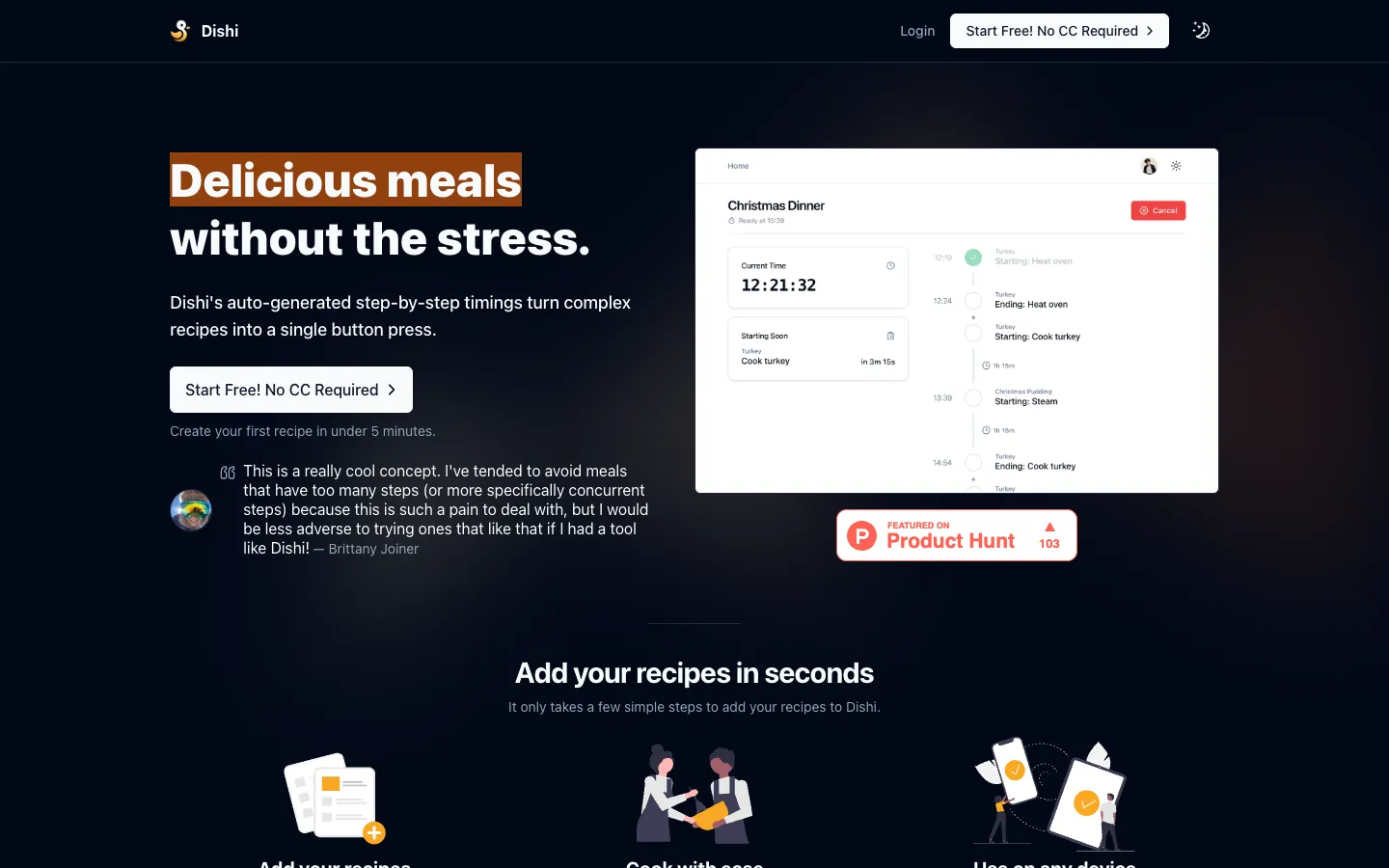 Screenshot of the Dishi - The Meal Prep Timer homepage