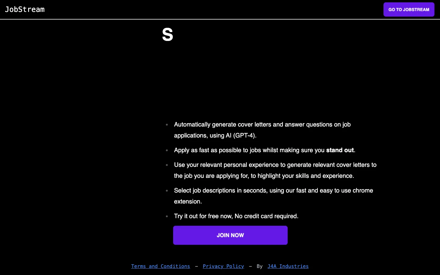 Screenshot of the JobStream homepage