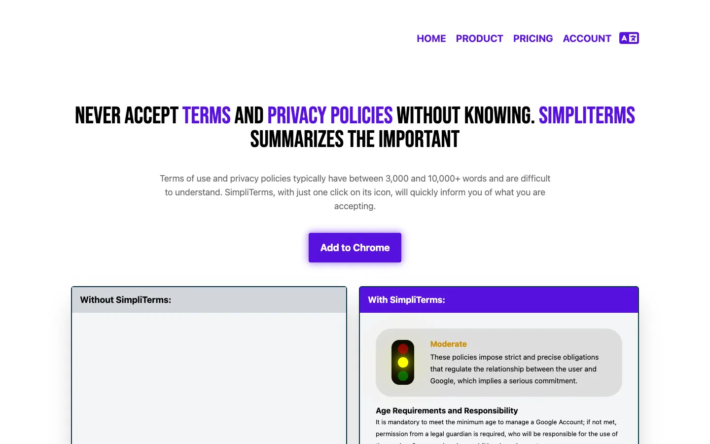 Screenshot of the Simpliterms homepage