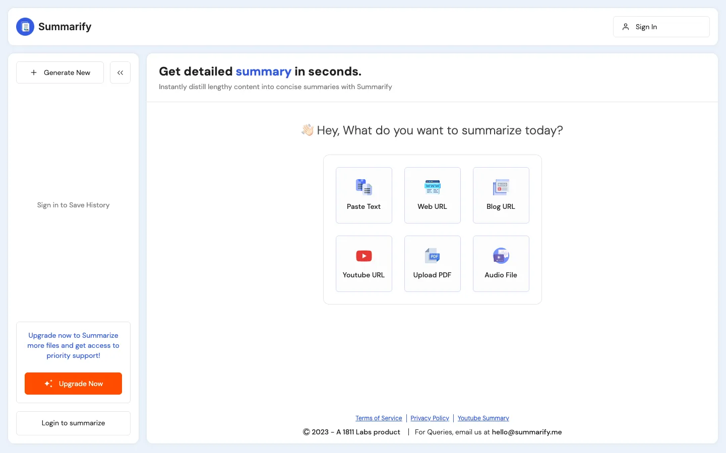 Screenshot of the Summarify homepage