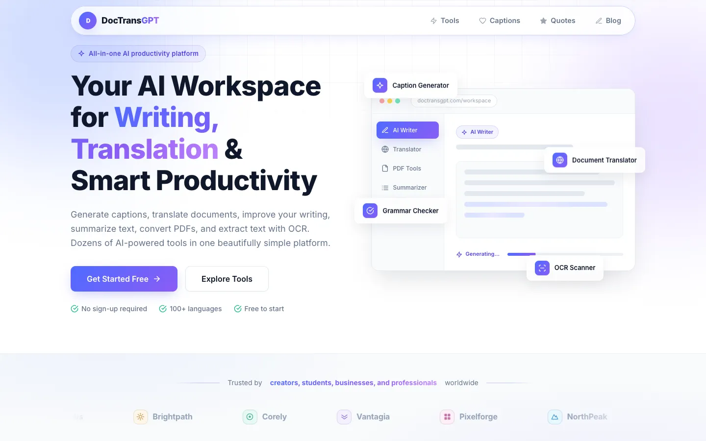 Screenshot of the DocTransGPT homepage